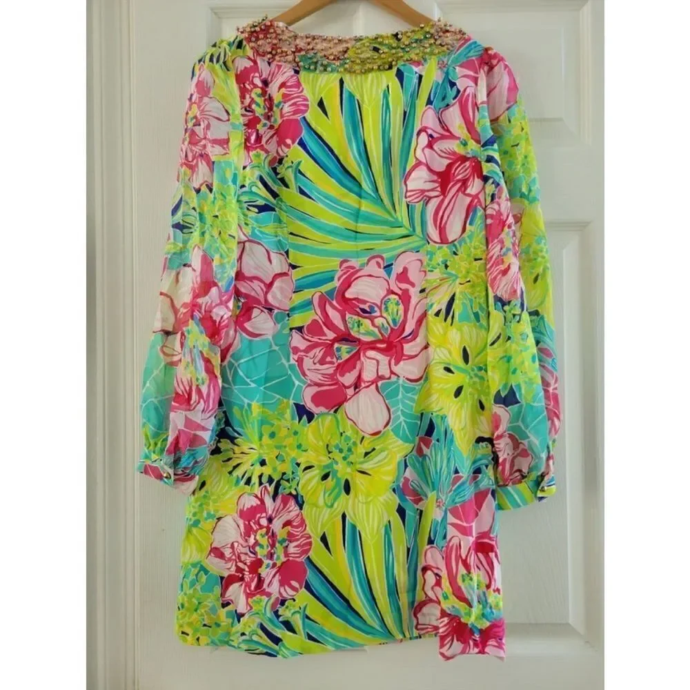 Lilly Pulitzer Silk Saemus Dress in Schooner Blue Land Escape Print Size 2